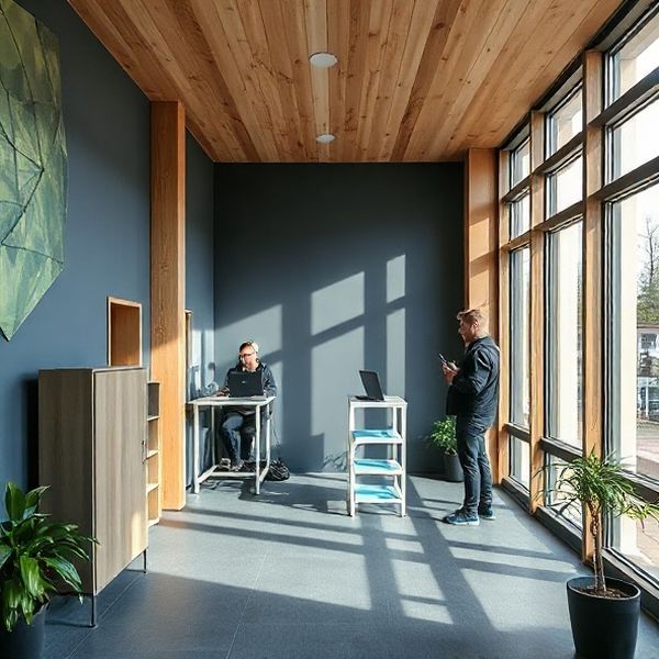 Modernes Startup-Büro in Frankfurt mit azurblauen Akzenten und Nordlicht